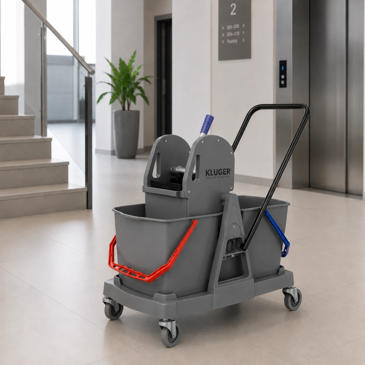 Wózek do sprzątania KLUGER Cleaning Accessories 2x17l z prasą na stelażu ABS HIGI24 Radom (3).png